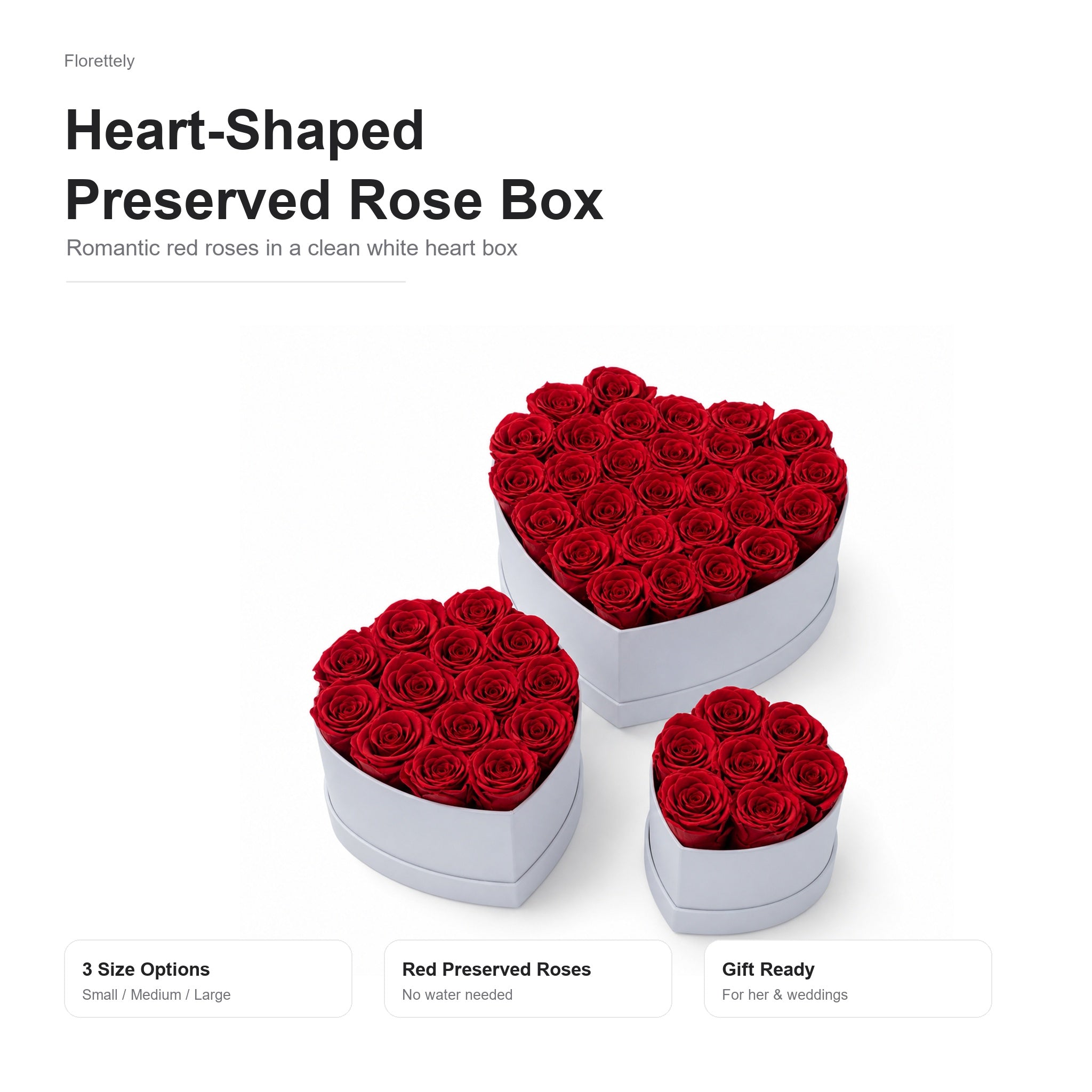 Heart-shaped preserved rose box with red roses in three sizes