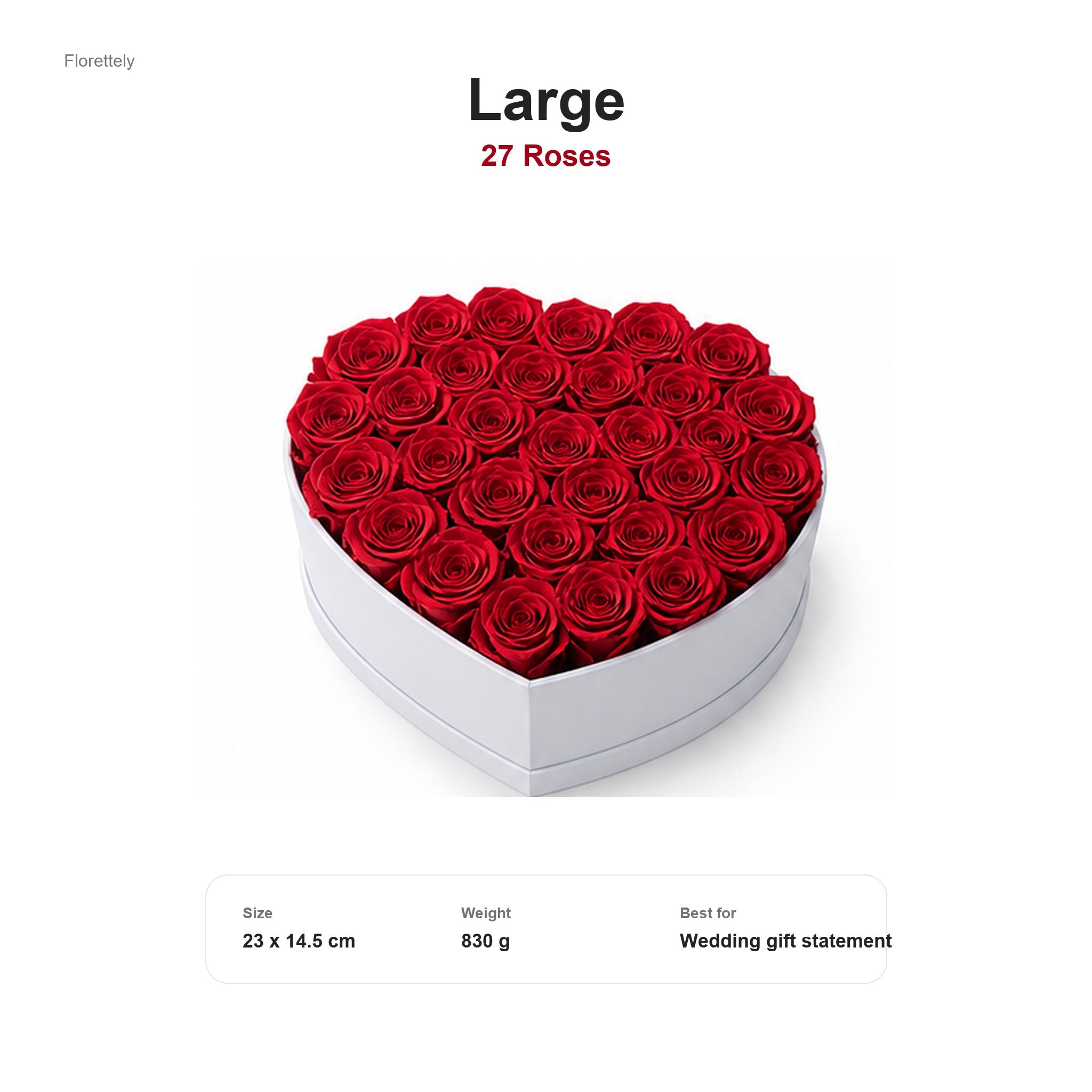 Large heart-shaped preserved rose box with 27 red roses