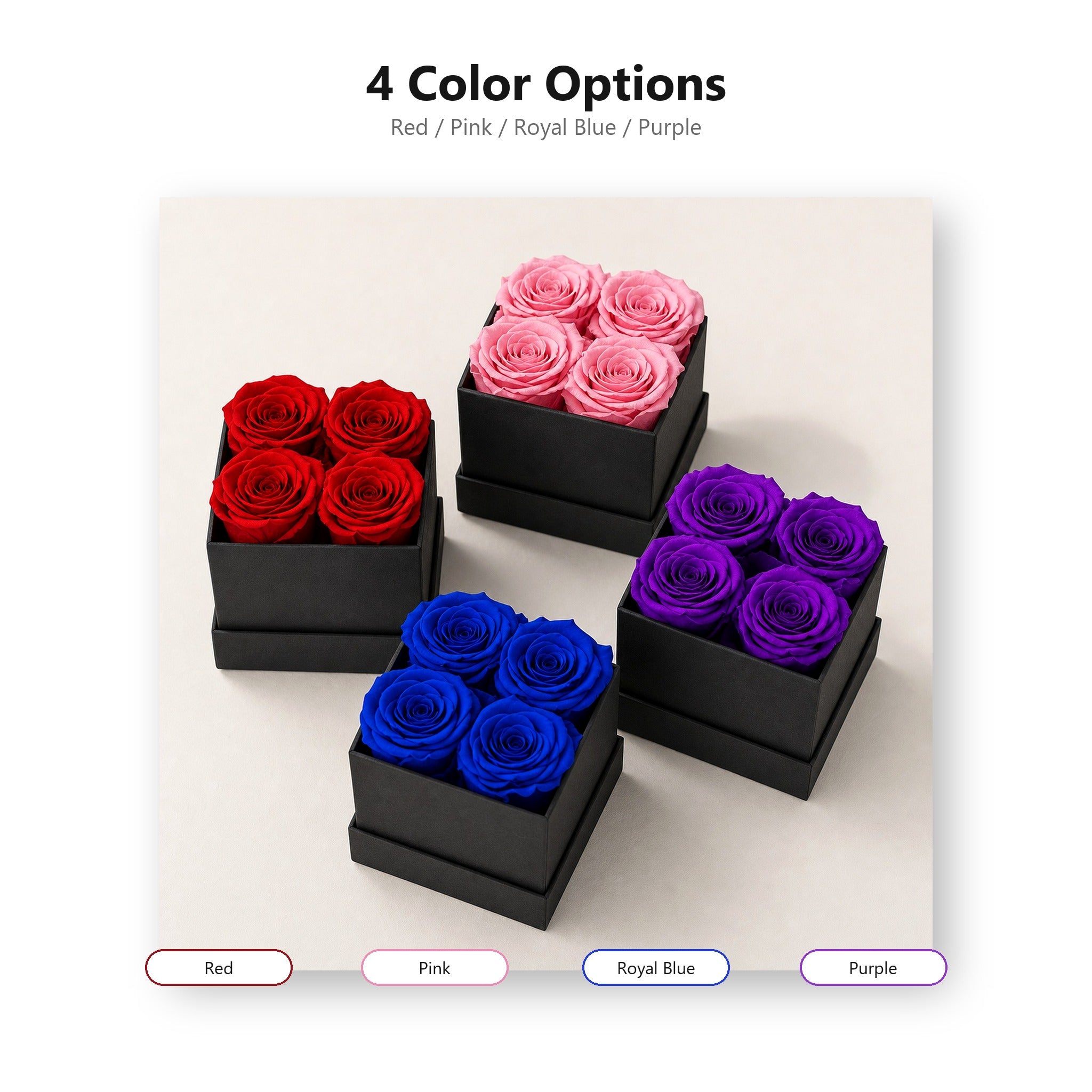 Four color options for preserved rose square gift box
