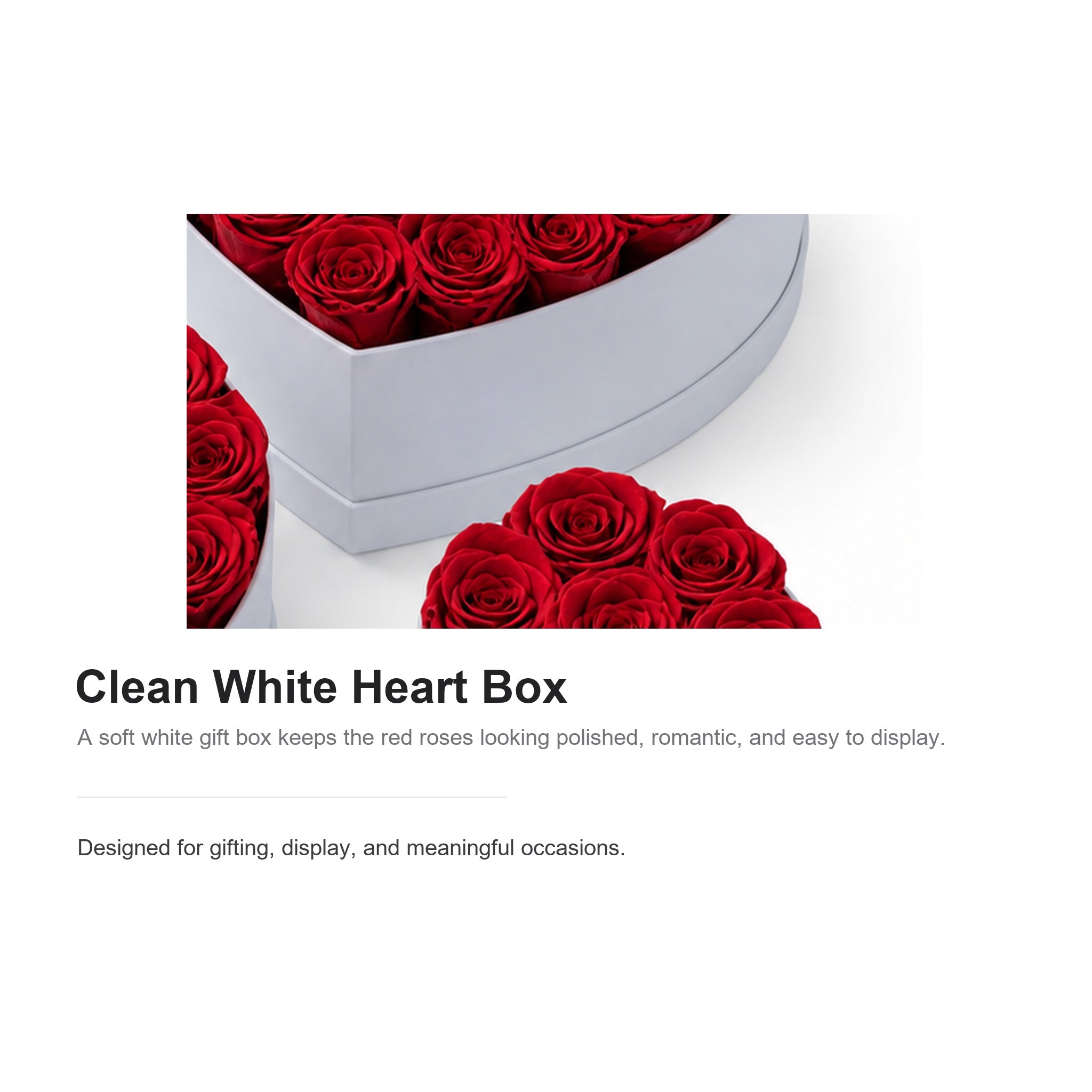 White heart-shaped gift box detail with preserved red roses