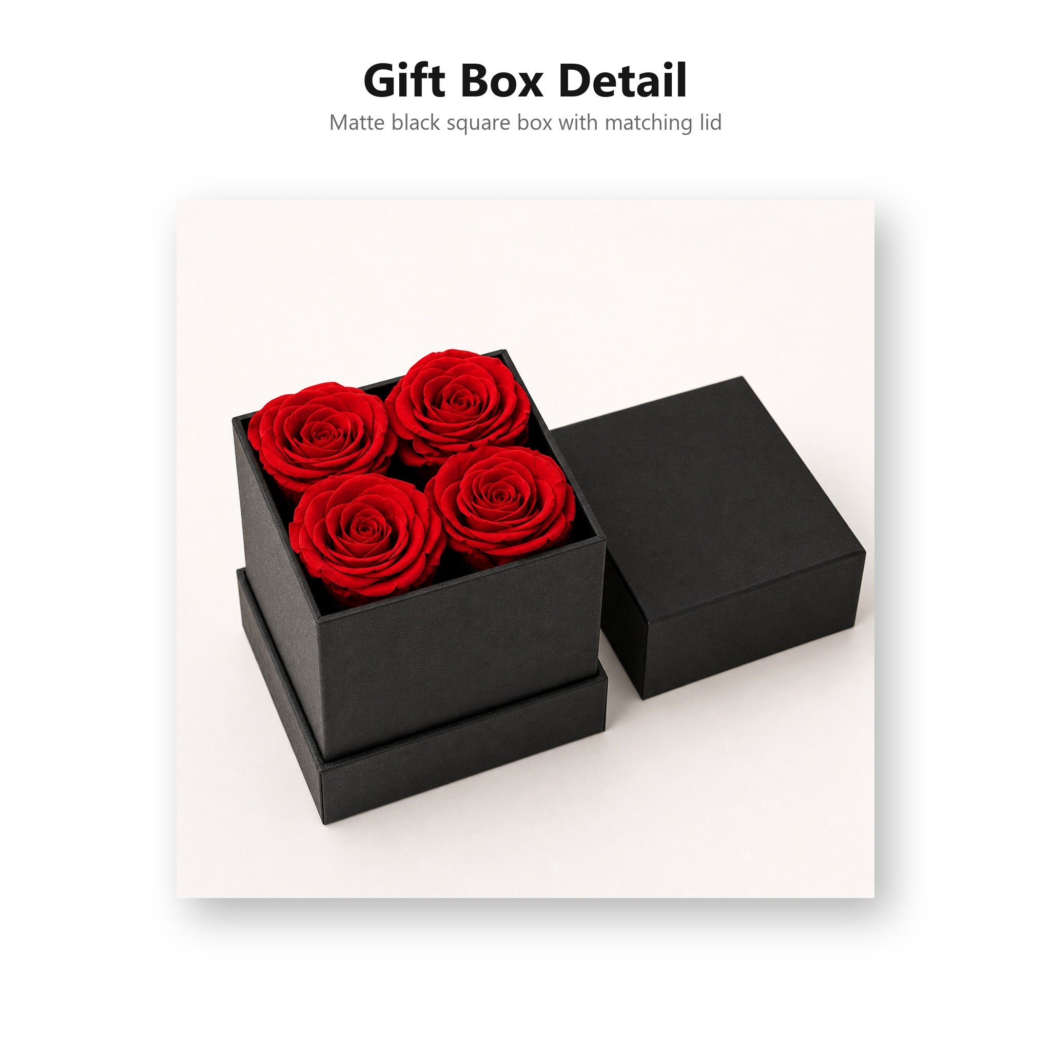 Matte black square gift box and matching lid detail