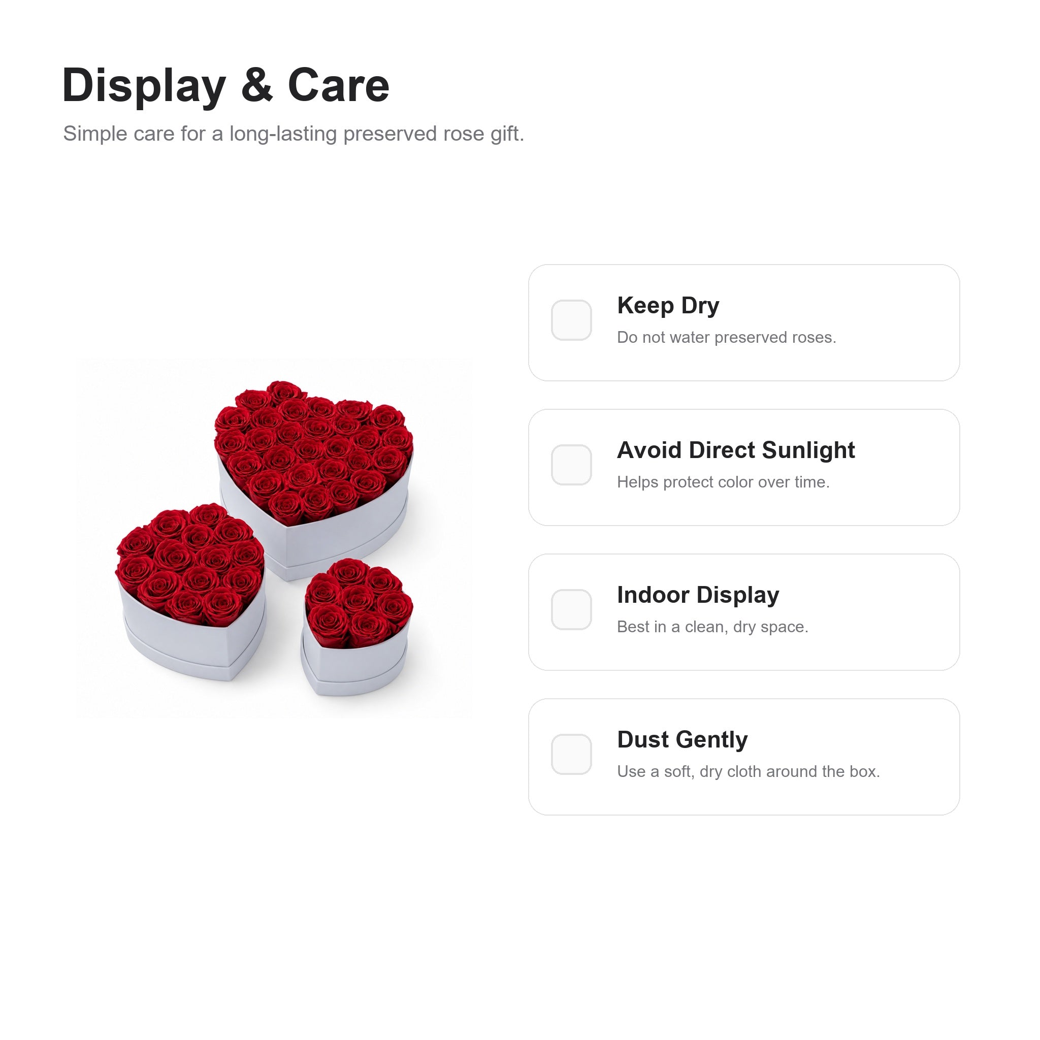 Care guide for preserved rose box display