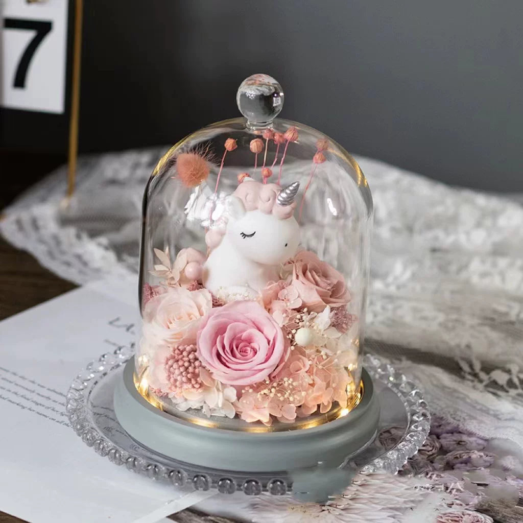 Handmade preserved flower unicorn flower globe by Florettely