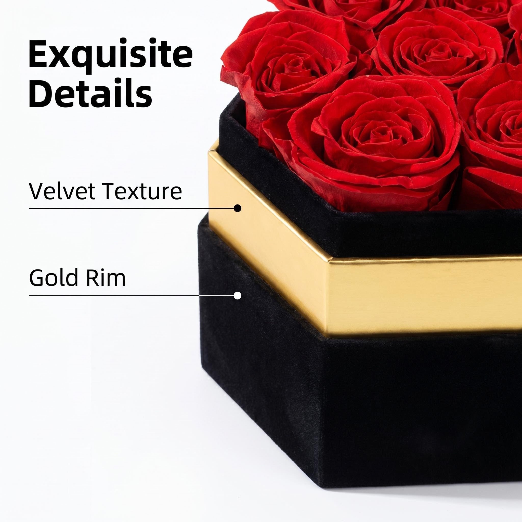 Close-up detail of preserved roses with velvet texture and gold rim gift box