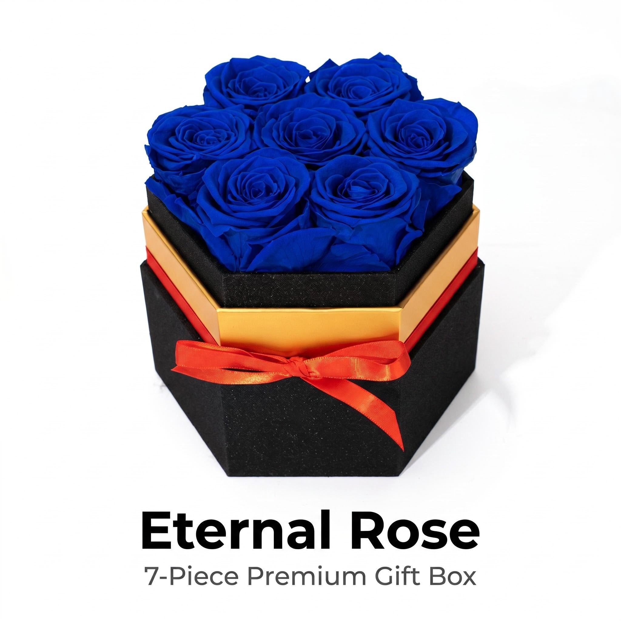 Sapphire blue preserved rose hexagon gift box with 7 eternal roses