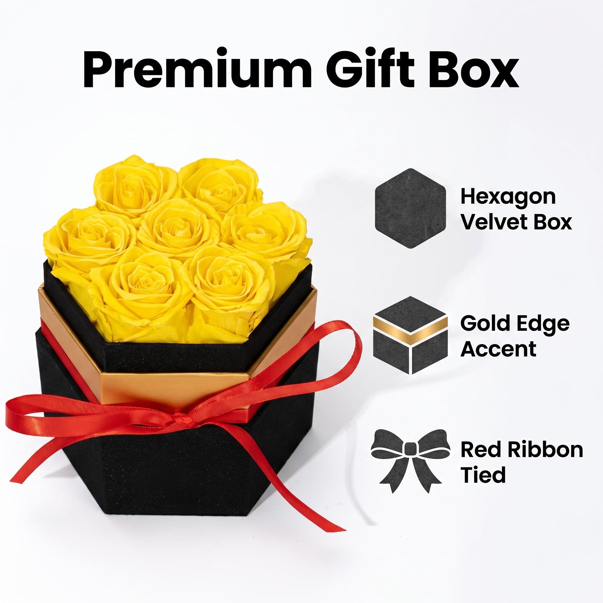 Premium preserved rose gift box with black hexagon box gold edge and red ribbon