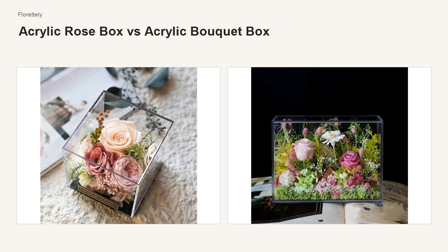 Acrylic rose box compared with an acrylic bouquet box in a clean modern layout