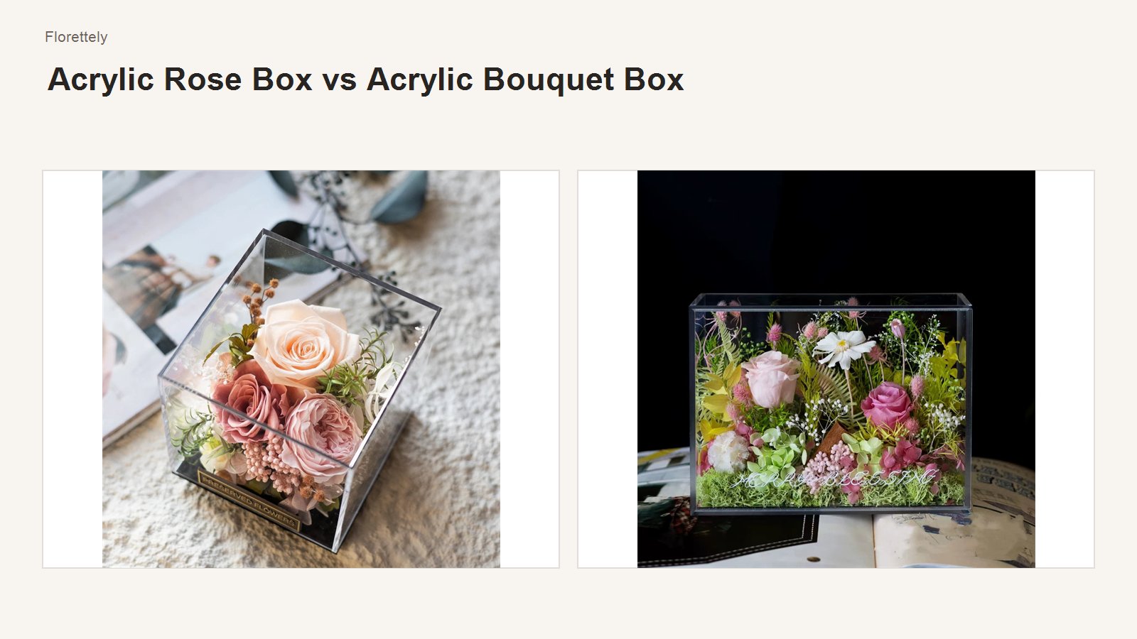 Acrylic rose box compared with an acrylic bouquet box in a clean modern layout