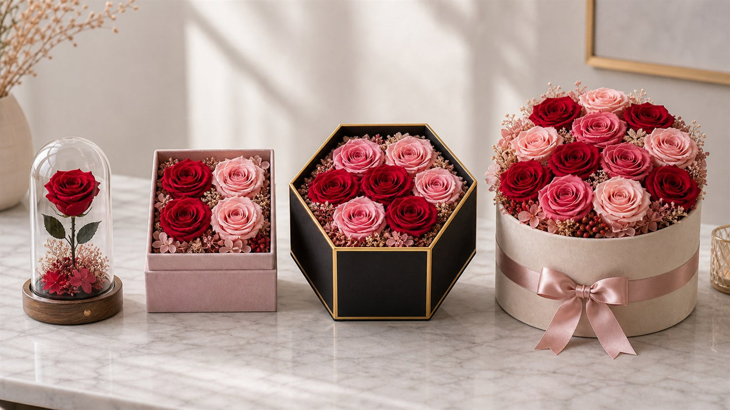 Single rose, 4-rose, 7-rose, and 12-rose preserved flower gifts shown side by side