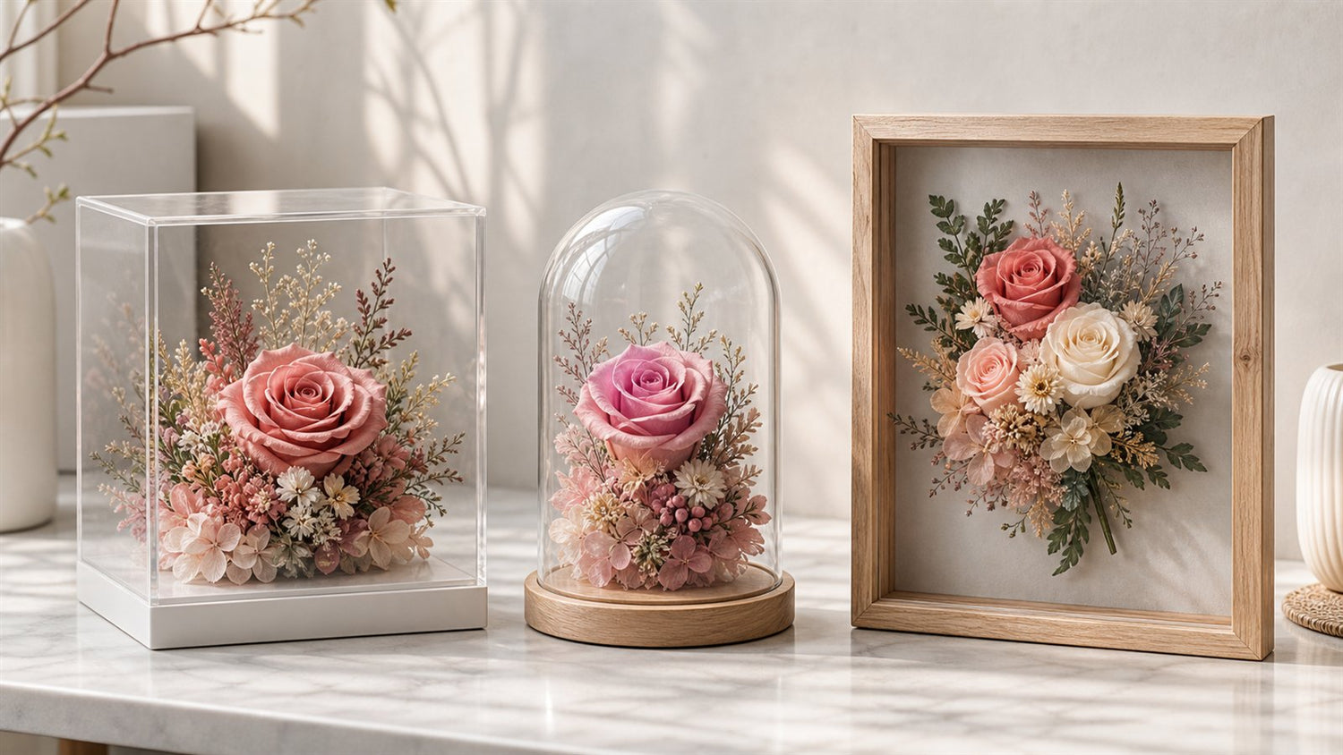 Preserved rose box, glass dome, and frame display shown side by side