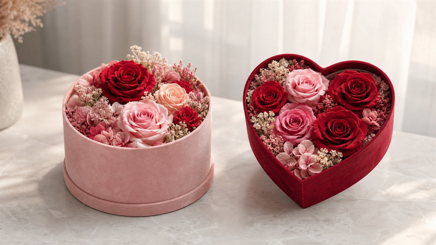 Round preserved rose box compared with a heart-shaped rose box