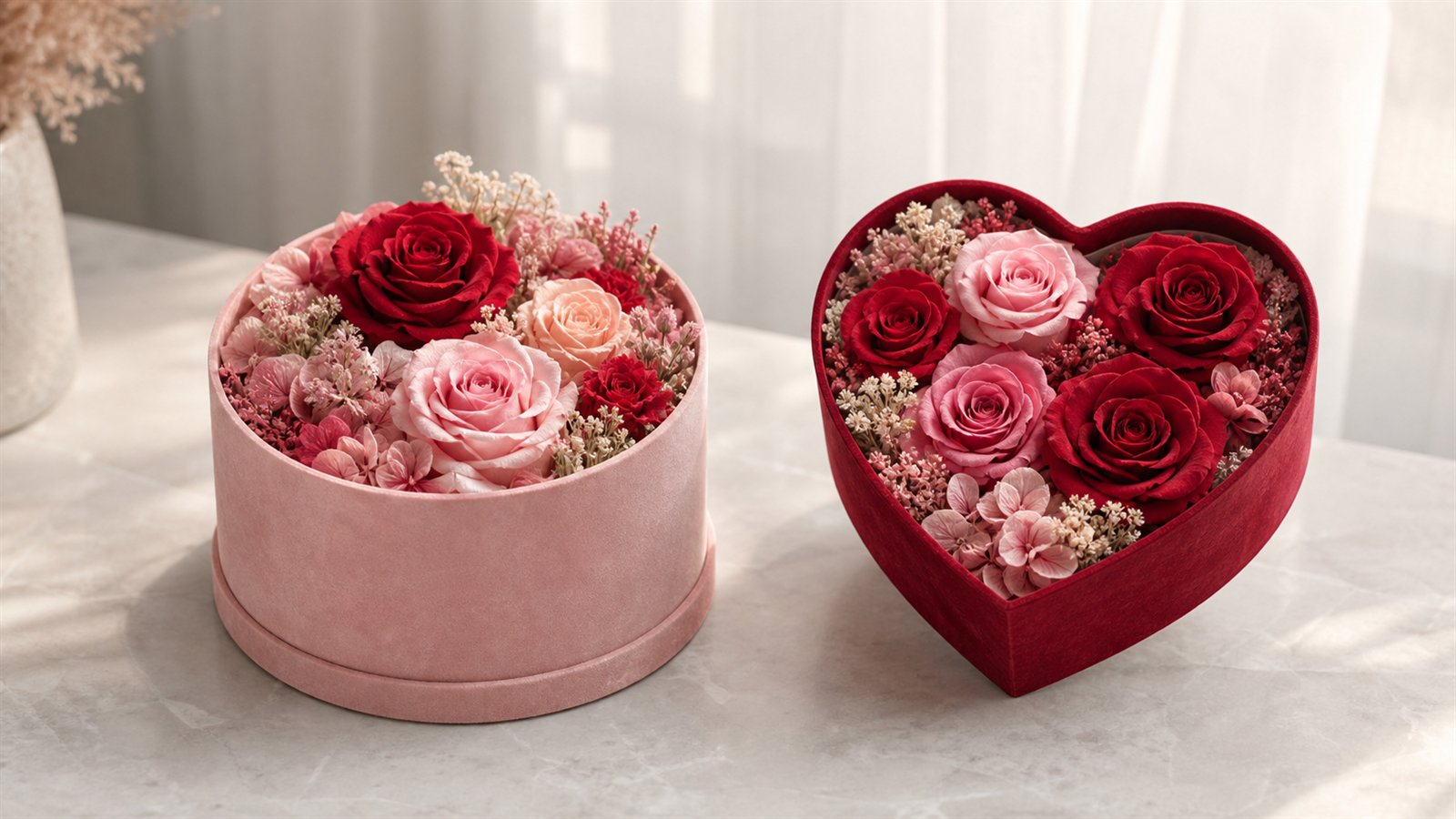 Round preserved rose box compared with a heart-shaped rose box