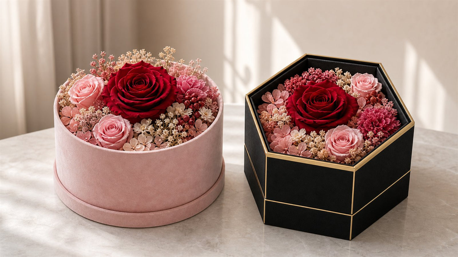 Classic round preserved rose box compared with a black hexagon gift box