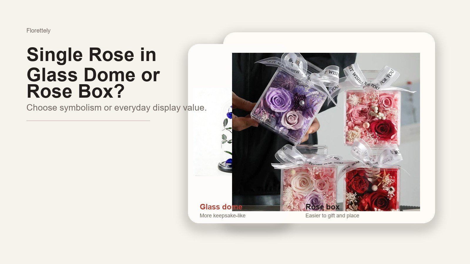 Single preserved rose in a glass dome compared with a petite rose display box
