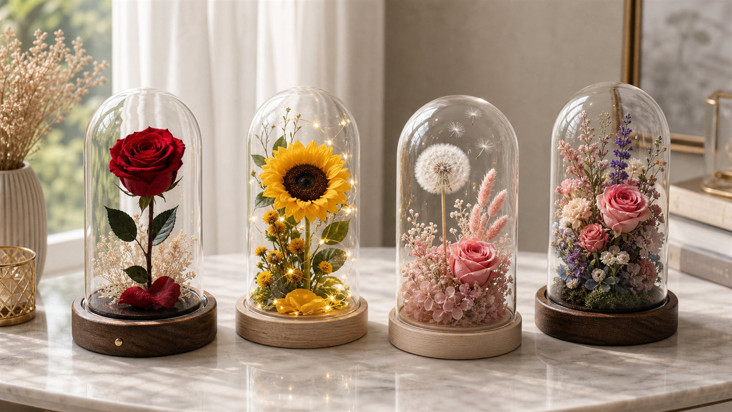 Single rose, sunflower, dandelion, and Monet Garden preserved flower domes compared