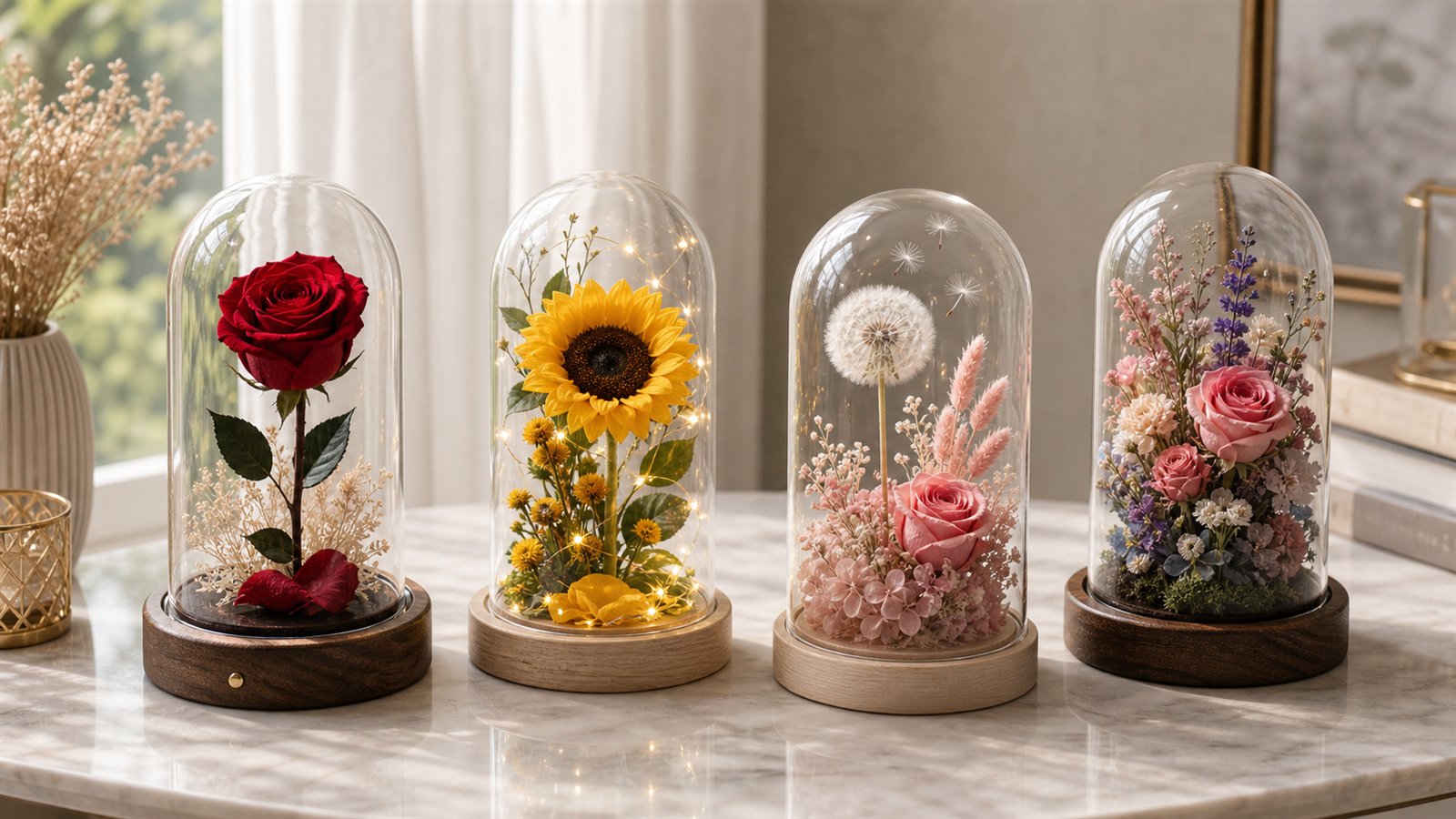 Single rose, sunflower, dandelion, and Monet Garden preserved flower domes compared