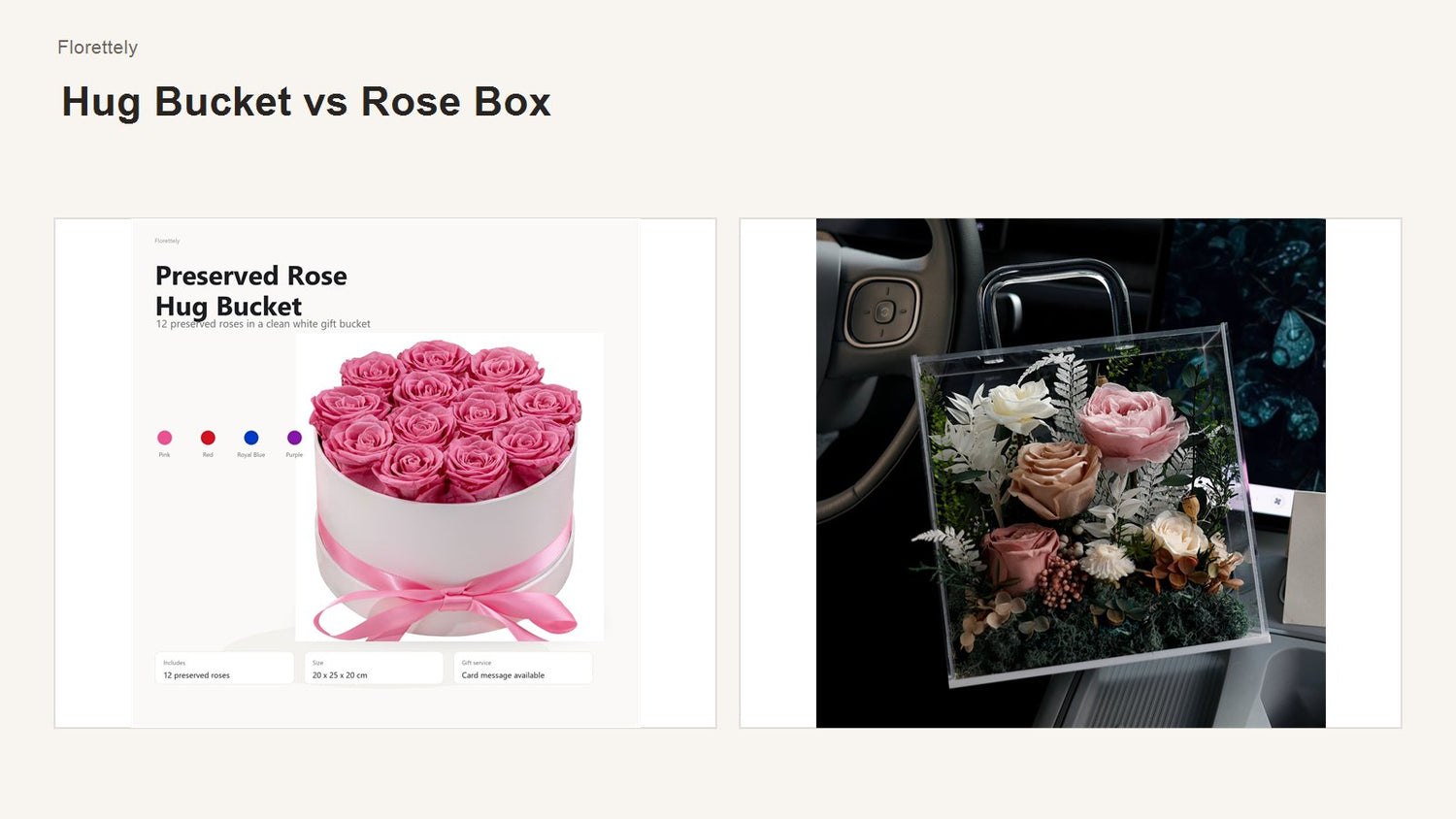 Preserved rose hug bucket compared with a classic rose box