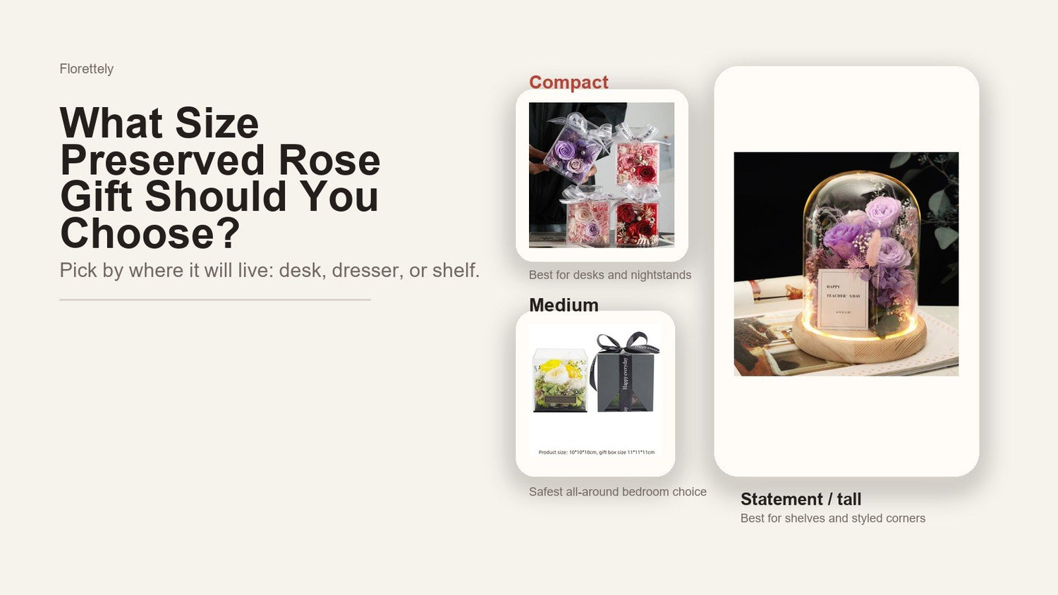 Compact, medium, and tall preserved rose gift formats for different spaces