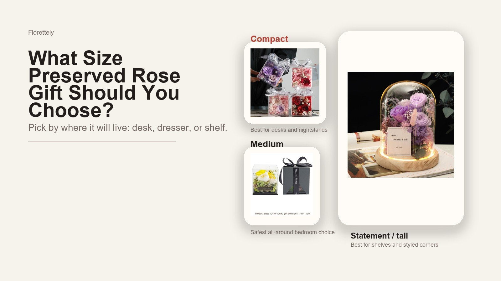 Compact, medium, and tall preserved rose gift formats for different spaces