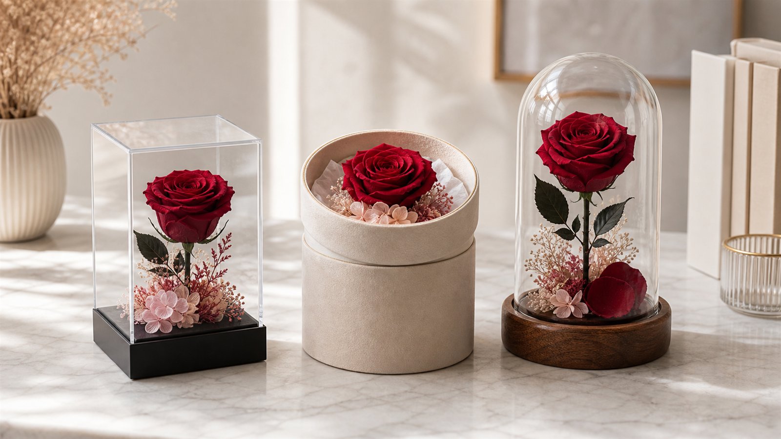 Three single preserved rose gift formats arranged for comparison