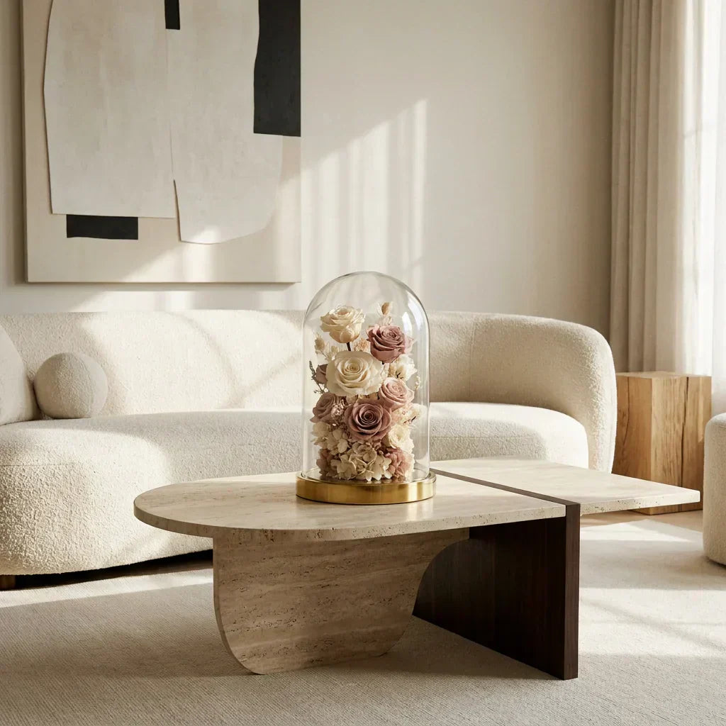 Preserved flowers styled as elegant home decor