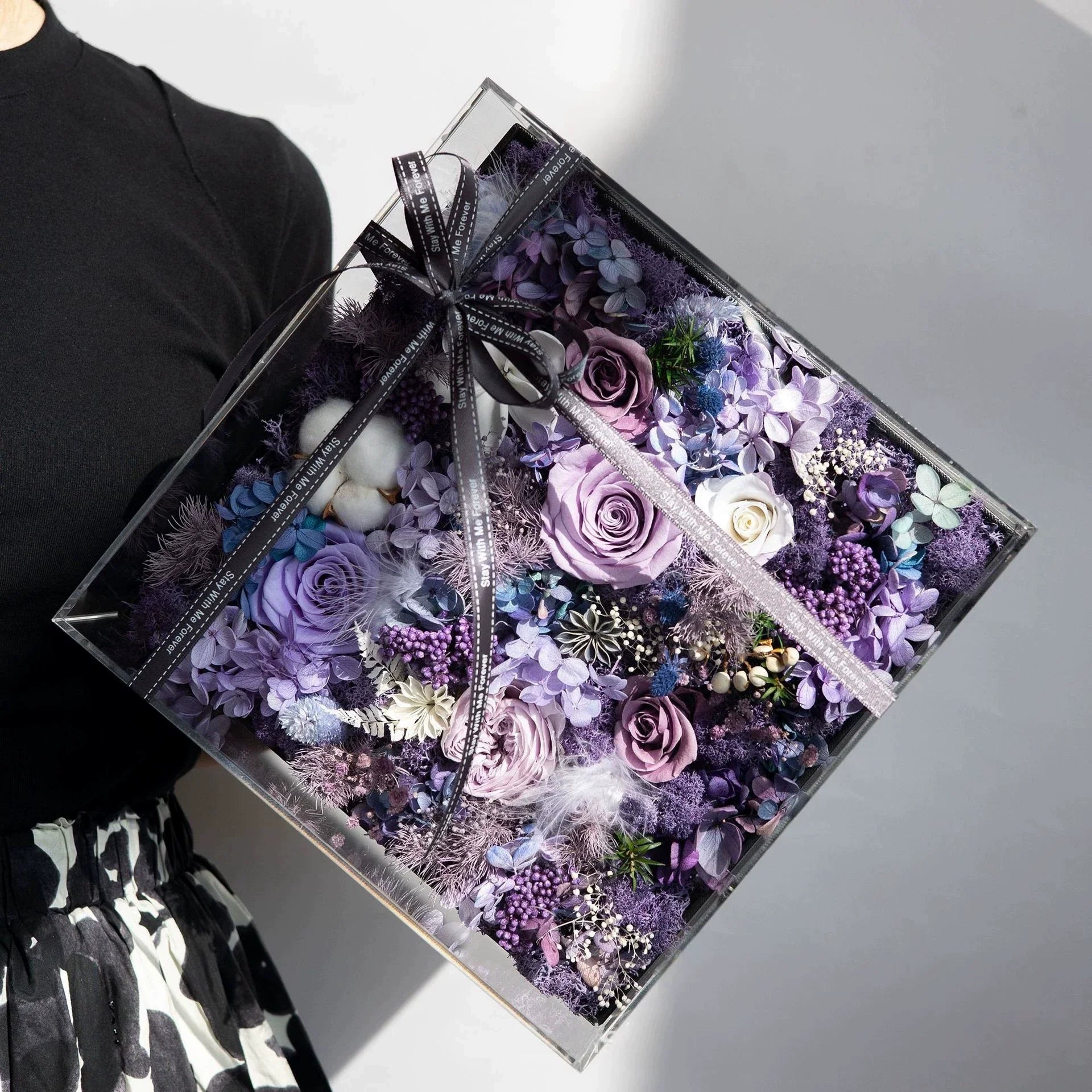 Preserved rose acrylic box showing how long preserved roses can last