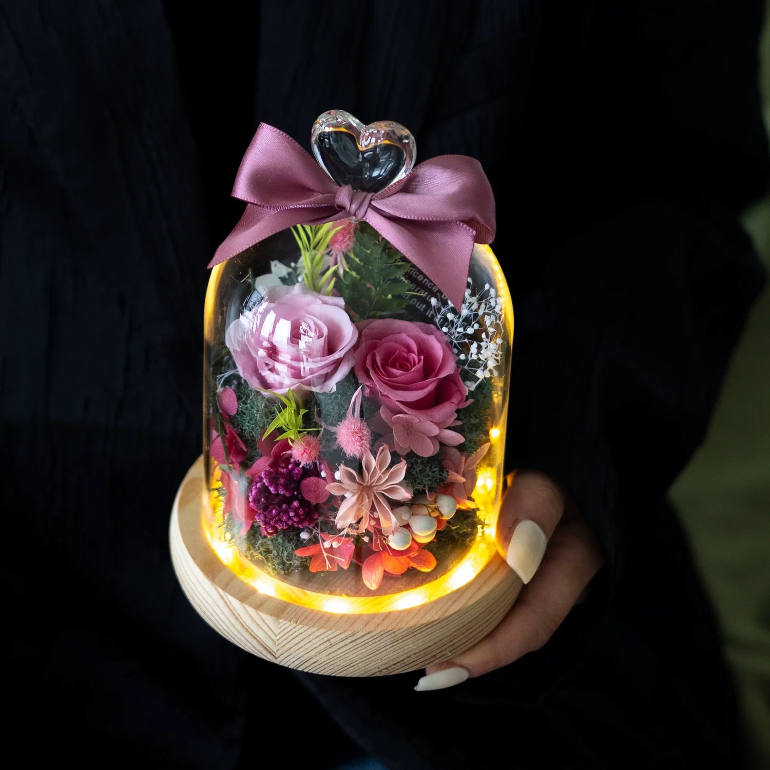 preserved rose glass dome with soft LED light