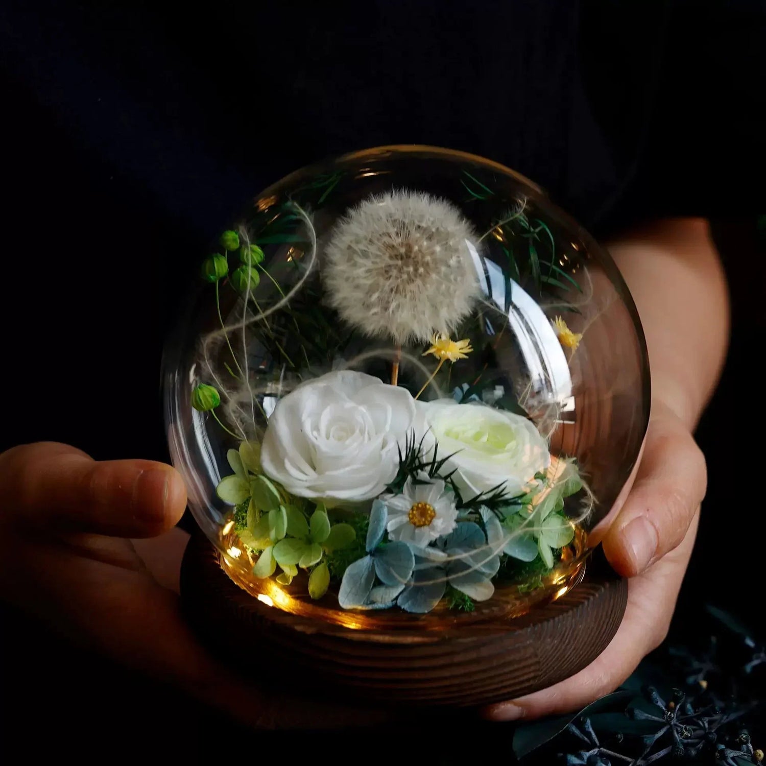 Preserved rose and dandelion glass dome gift for mom