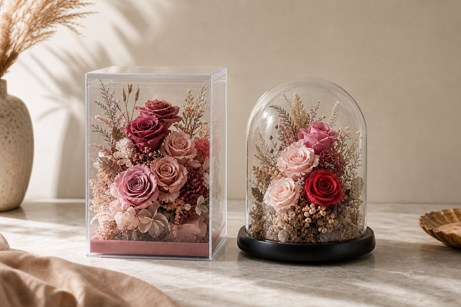 Acrylic preserved rose box beside a preserved rose glass dome on a warm neutral tabletop