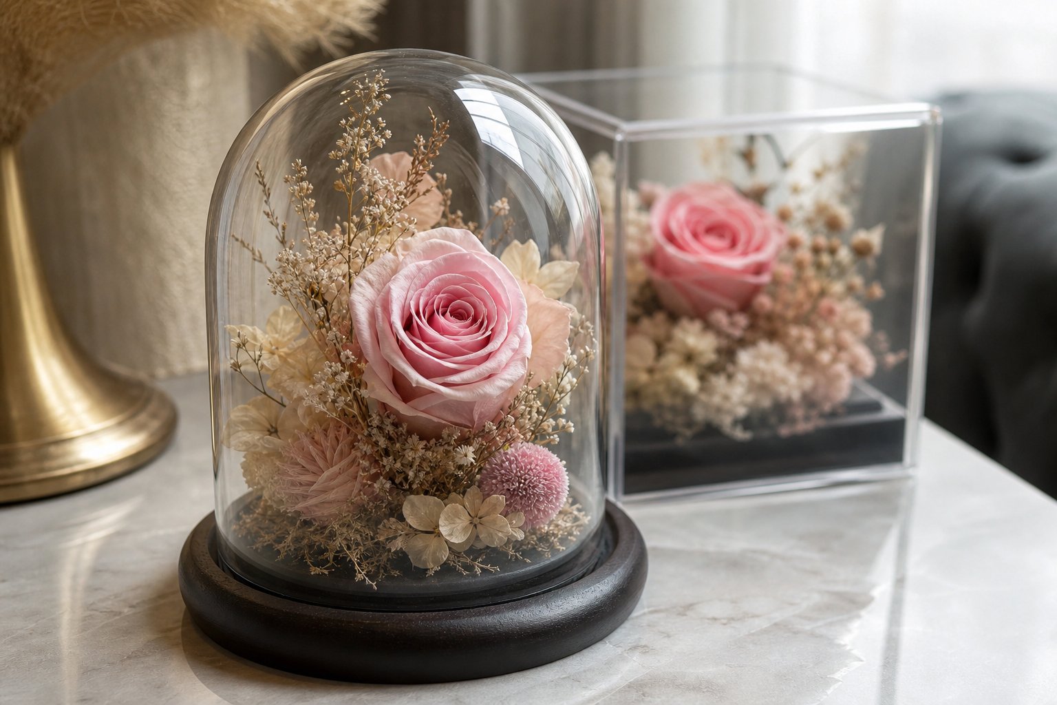 Close-up of preserved flowers in a glass dome and acrylic display showing real petal texture
