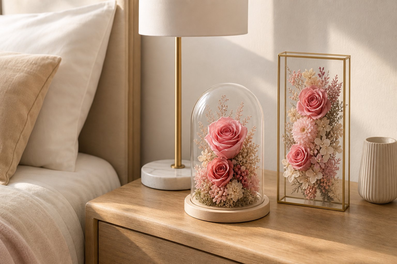 Preserved flowers styled safely on a calm bedroom bedside table