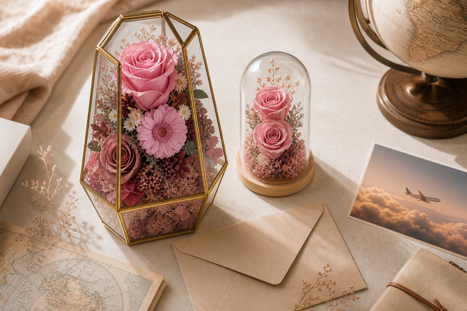 Preserved flower gifts styled for long distance relationships with travel-inspired details