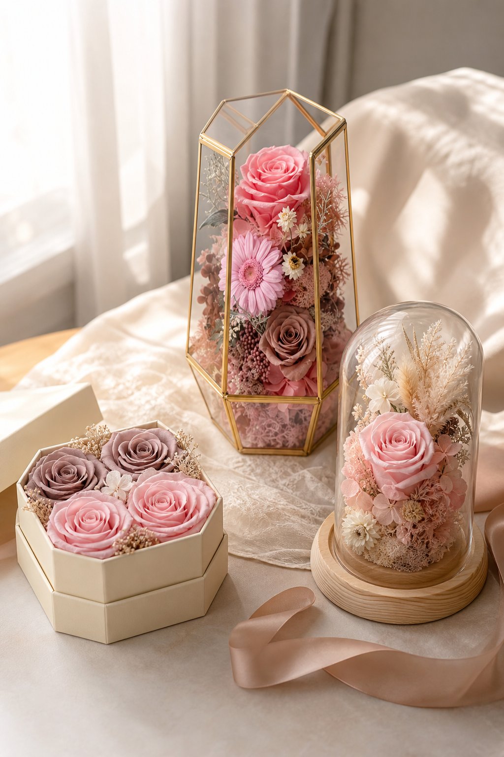 Preserved flower gift guide scene with compact gift box, dome, and elegant display pieces