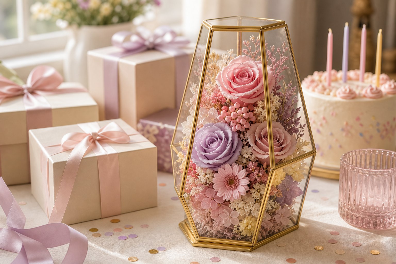 Birthday gift ideas with preserved flowers arranged in a cheerful gift setting