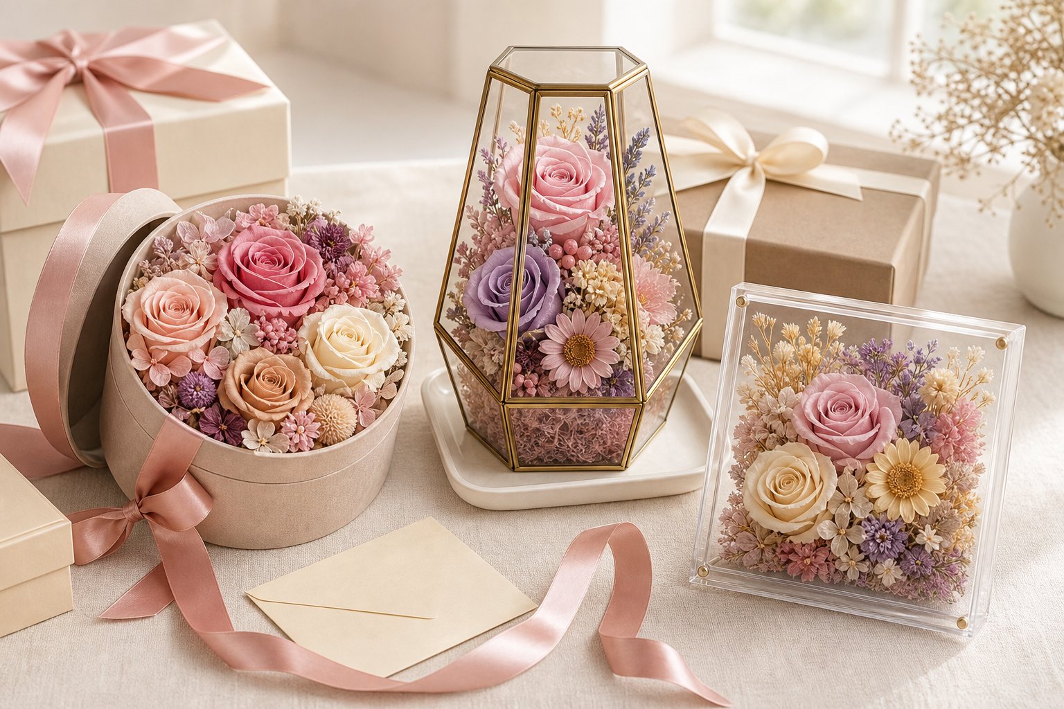 Birthday preserved flower gift guide with rose boxes, glass flower decor, and framed preserved flowers