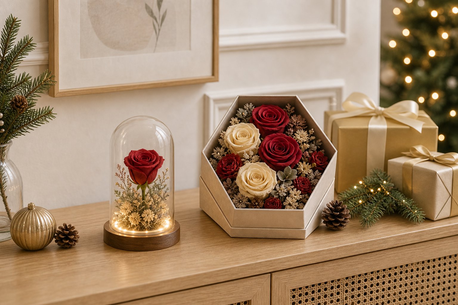 Christmas preserved flower gifts styled with warm holiday decor and soft indirect light