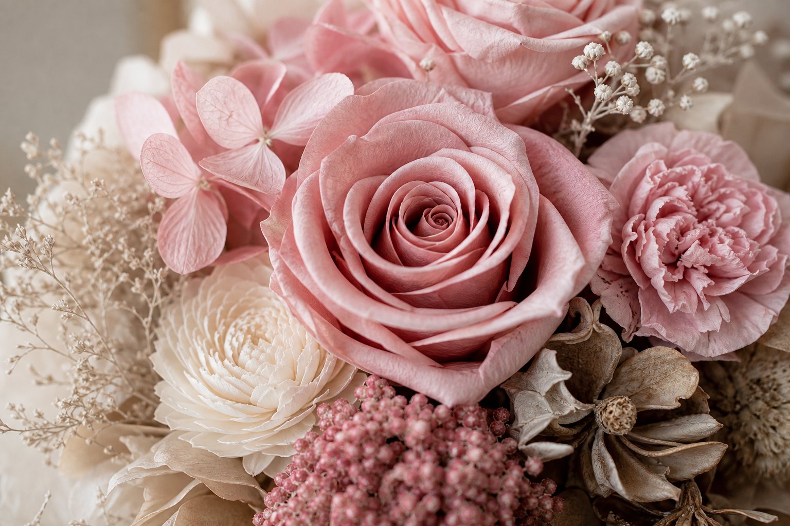 Close-up of preserved flower arrangement with soft pink roses and dried fillers
