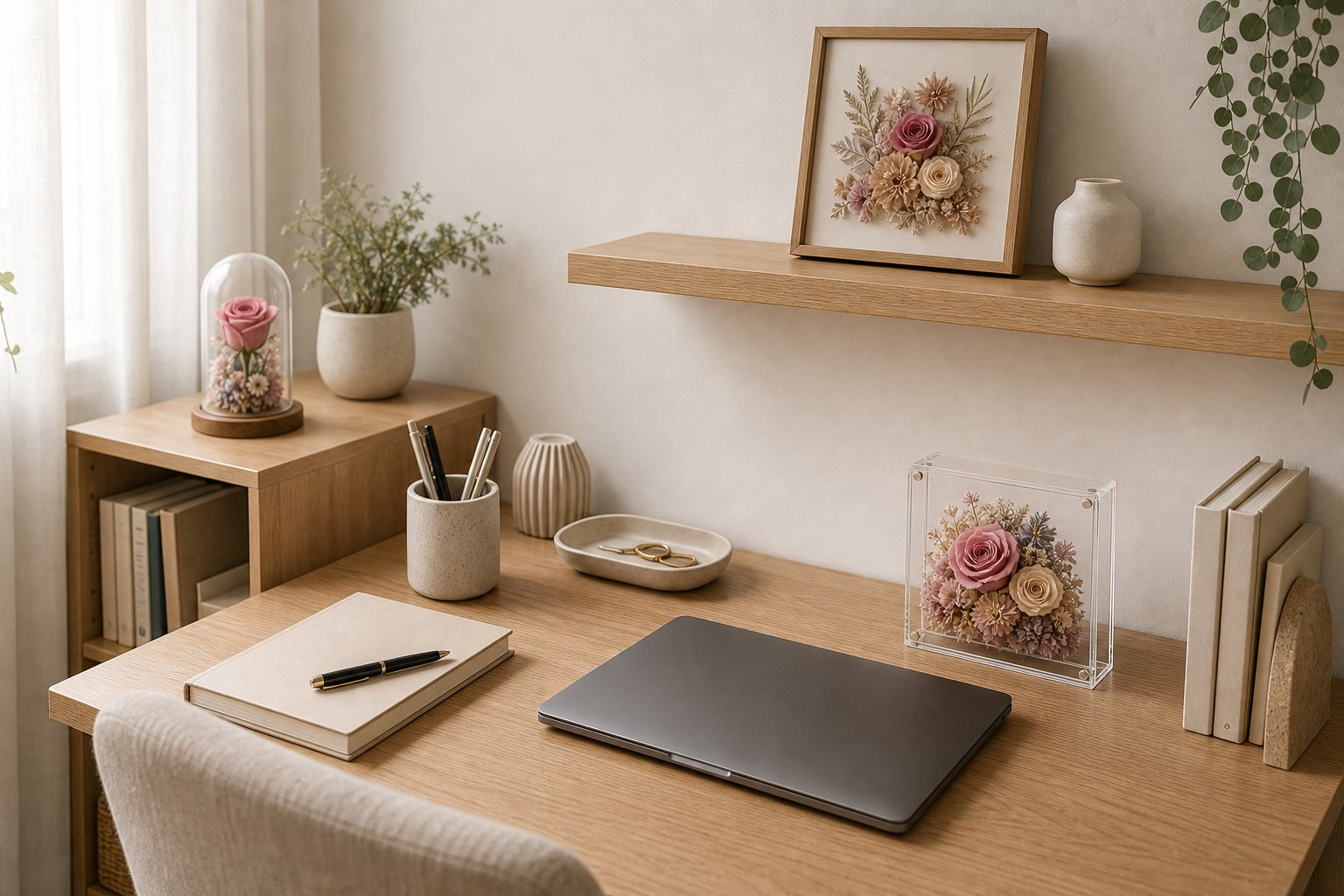 Desk decor ideas with preserved flowers on a home office desk, shelf, and study corner in soft indirect light
