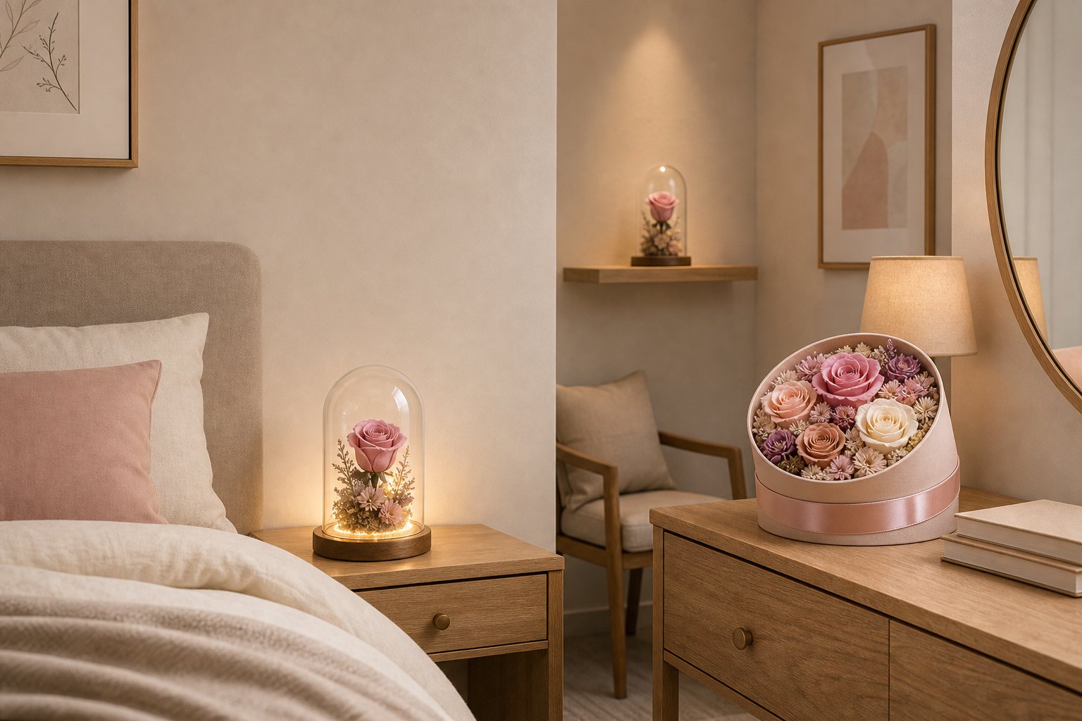 How to decorate a bedroom with preserved flowers on a nightstand, dresser, and shelf in soft indirect light