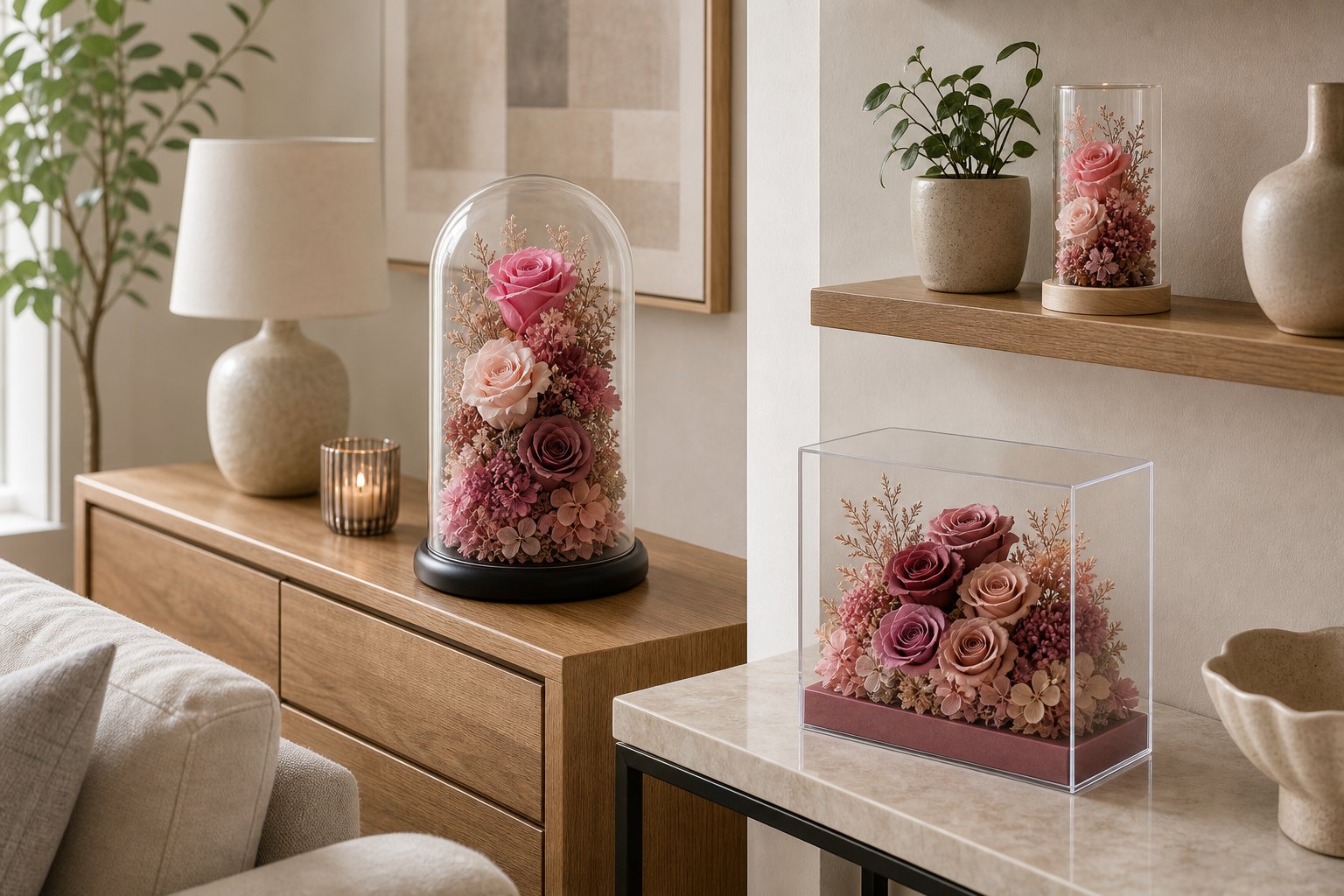 Preserved roses displayed at home on a clean console and shelf with breathing room