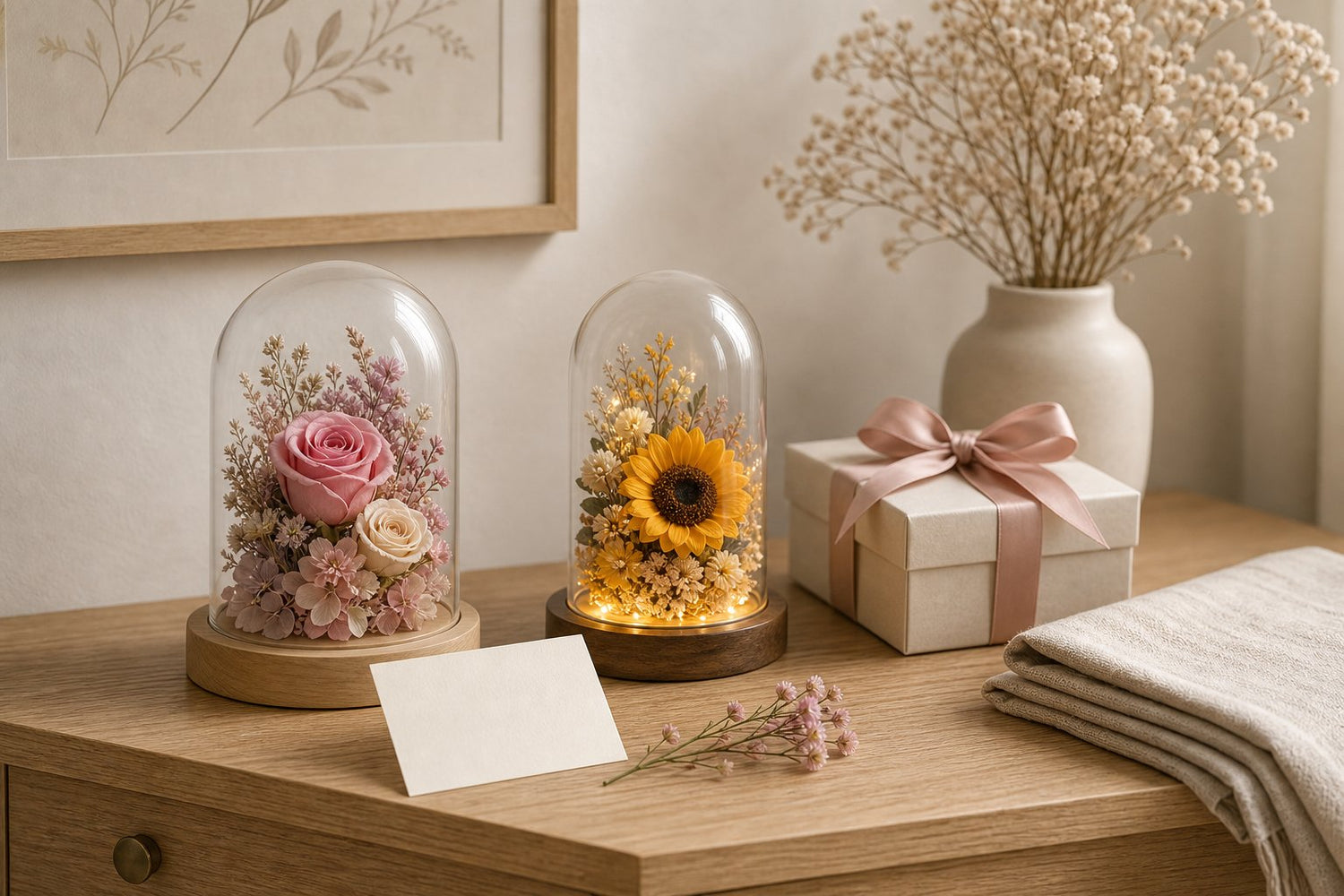 Mother's Day preserved flower gift guide with soft preserved flowers for mom in warm indirect light