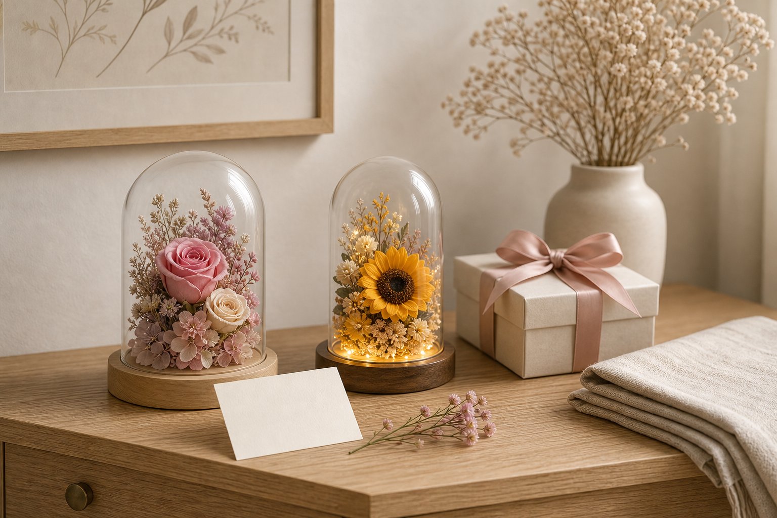 Mother's Day preserved flower gift guide with soft preserved flowers for mom in warm indirect light