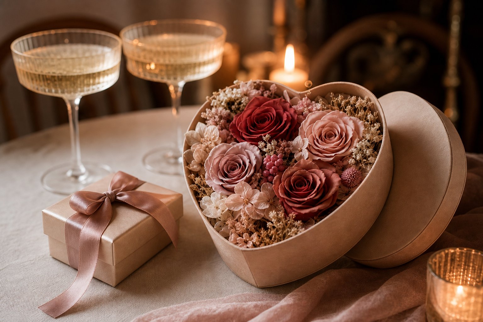 Preserved flower gifts for anniversaries arranged in a romantic evening setting