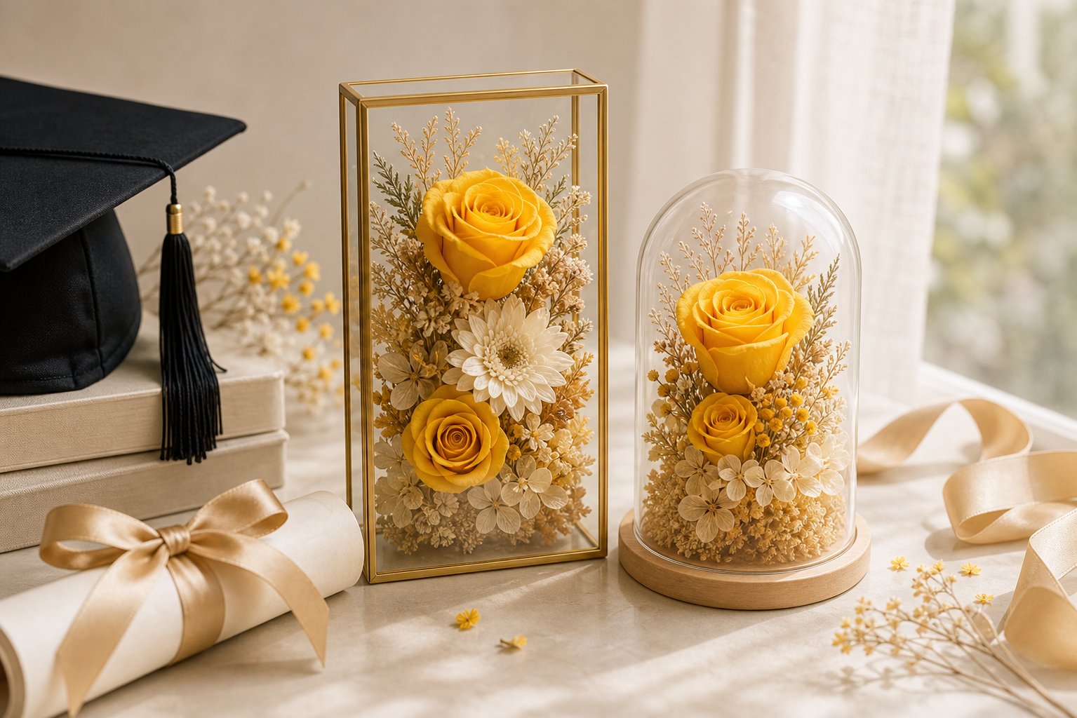 Preserved graduation flower gift displayed on a study desk with celebratory details