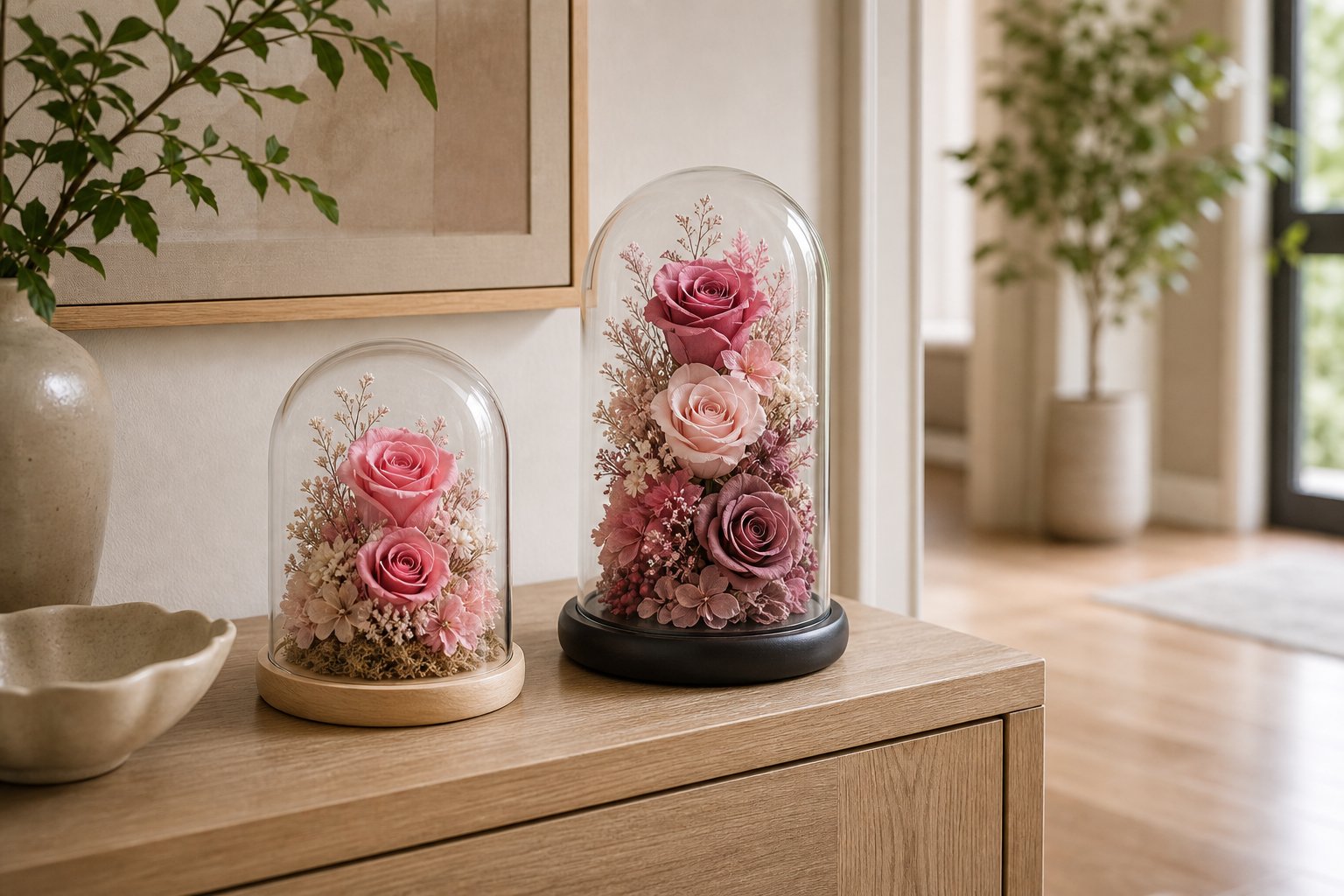 Preserved housewarming flower gift styled on a calm new home entry console