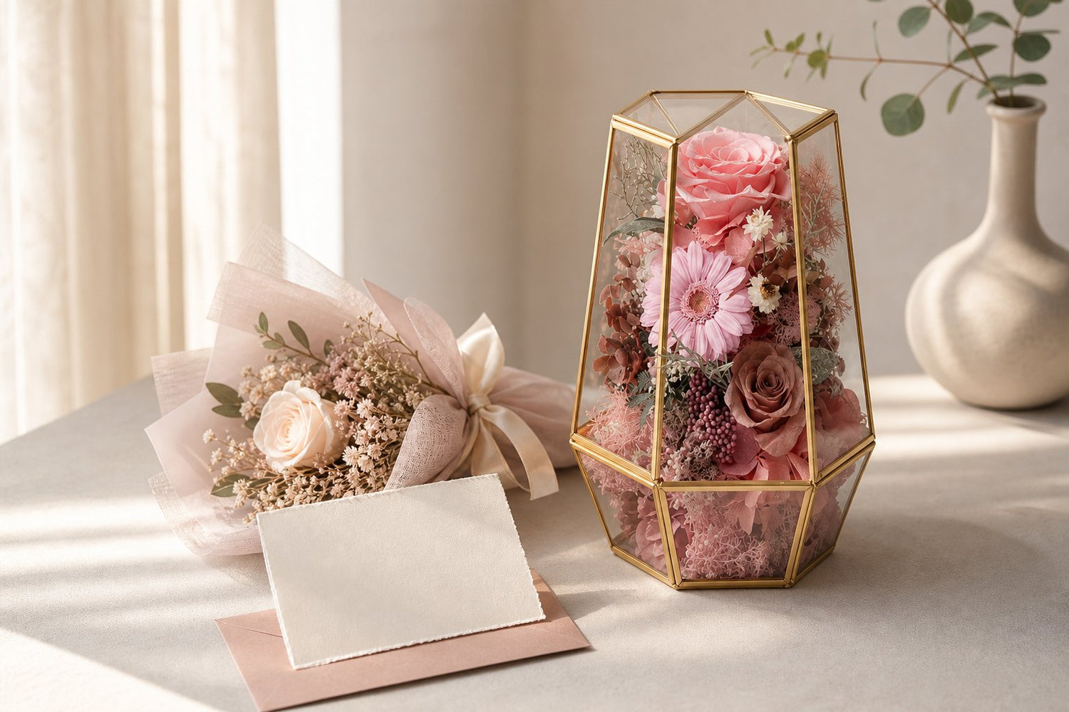 Soft apology gift scene with preserved flowers and a thoughtful note card