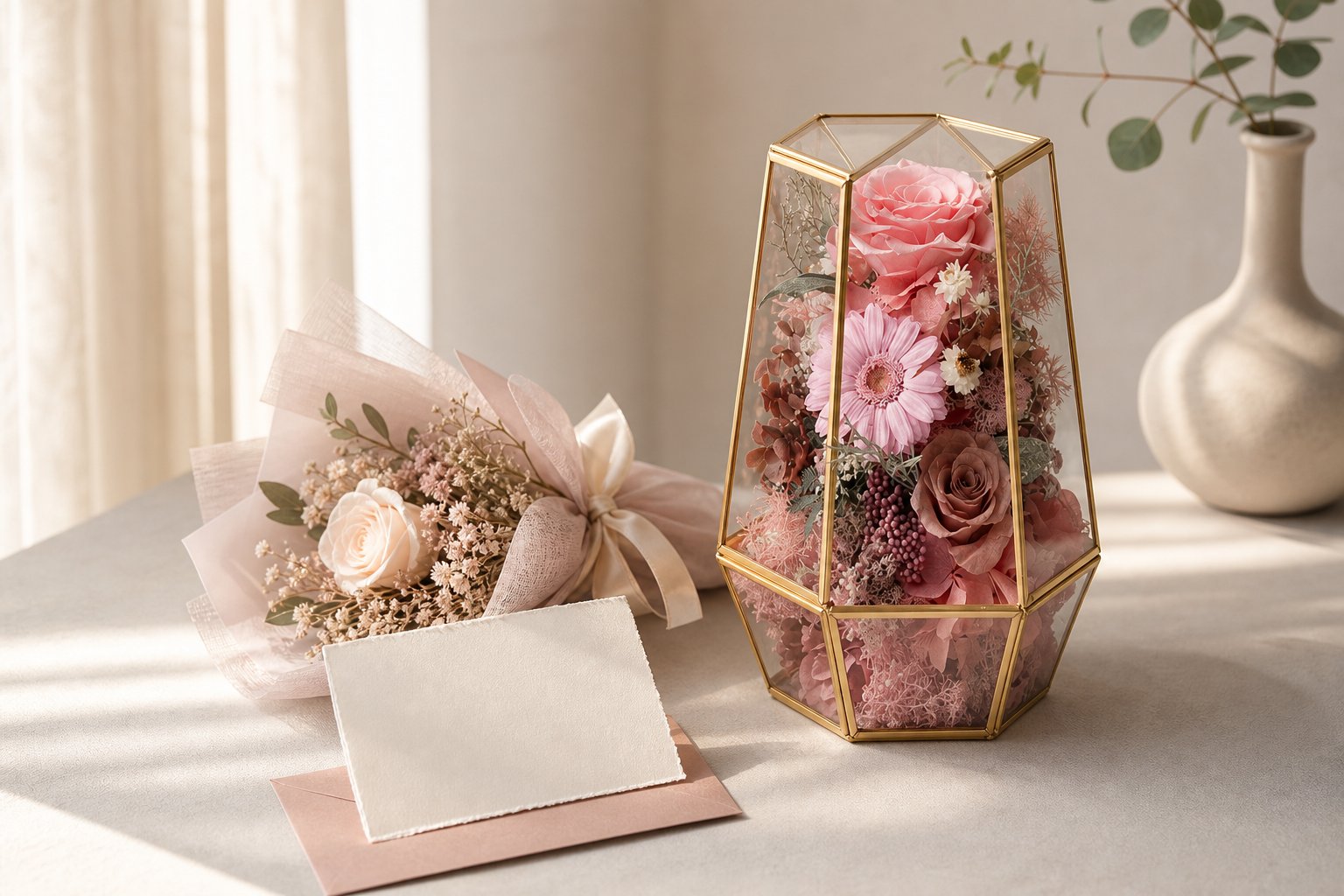 Soft apology gift scene with preserved flowers and a thoughtful note card
