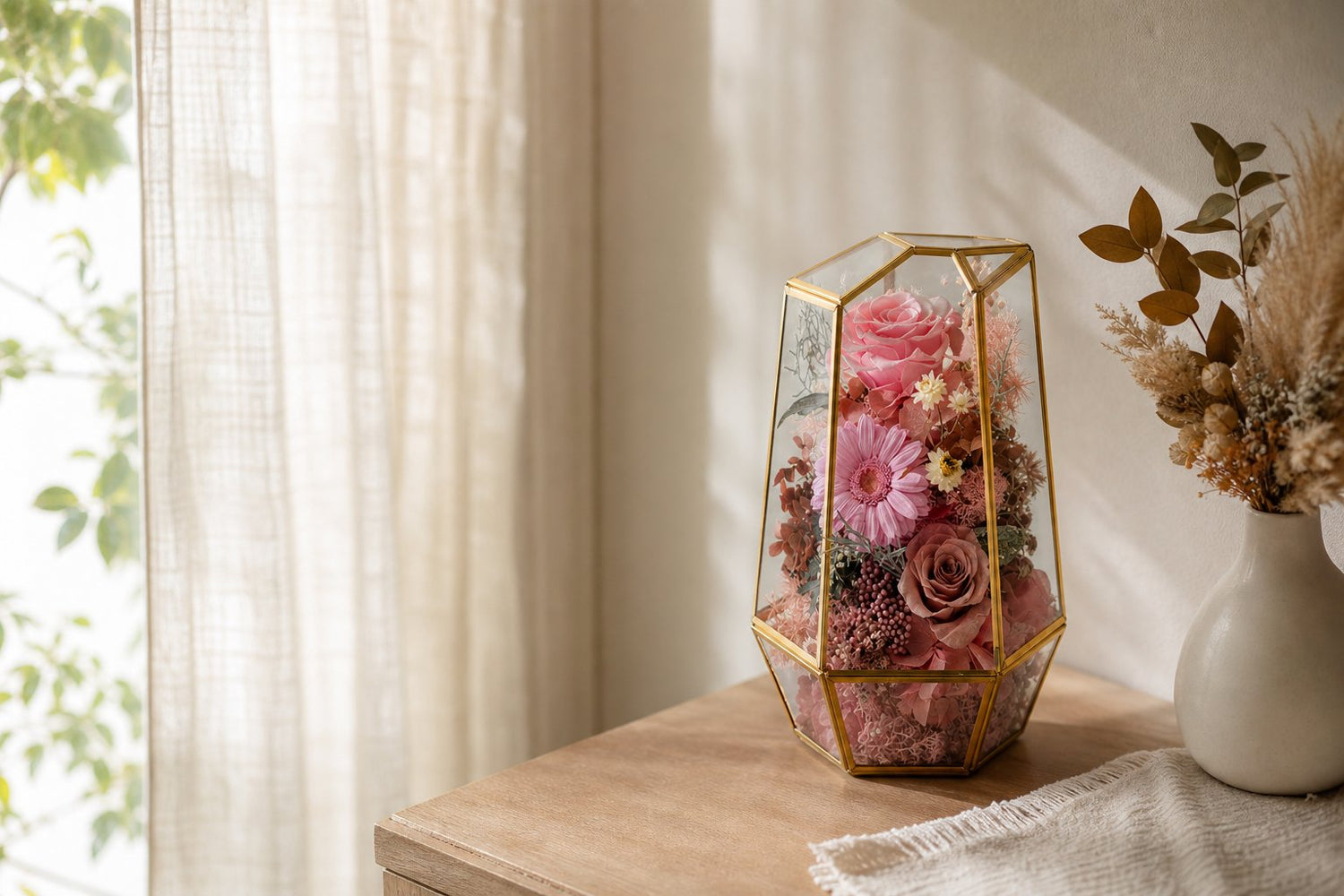 Preserved flowers displayed away from direct sunlight in a softly shaded room
