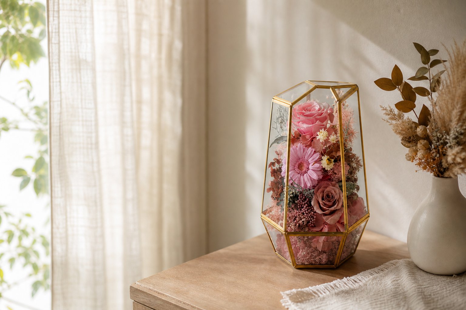 Preserved flowers displayed away from direct sunlight in a softly shaded room