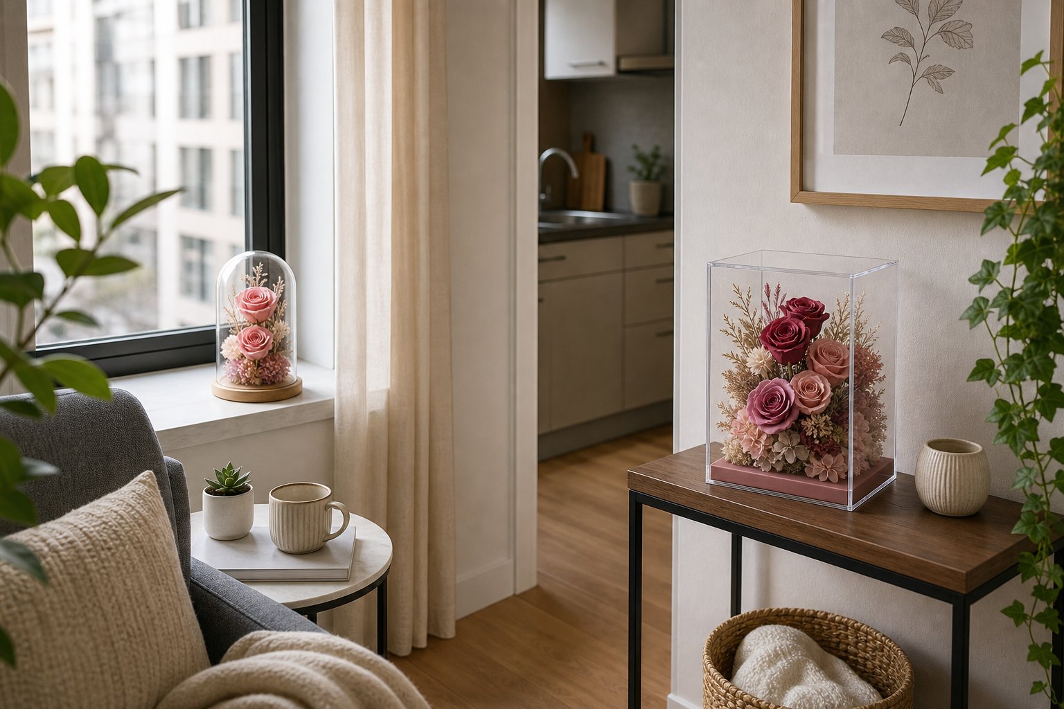 Compact preserved flowers styled in a small apartment living space